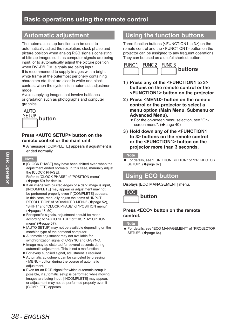 Automatic adjustment, Using the function buttons, Using eco button | Basic operations using the remote control, English, Button, Buttons | Panasonic TQBJ0350 User Manual | Page 38 / 96