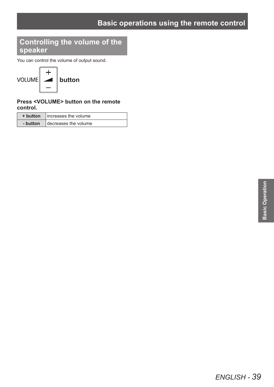 Controlling the volume of the speaker, Basic operations using the remote control, English | Panasonic TQBJ0350 User Manual | Page 39 / 96