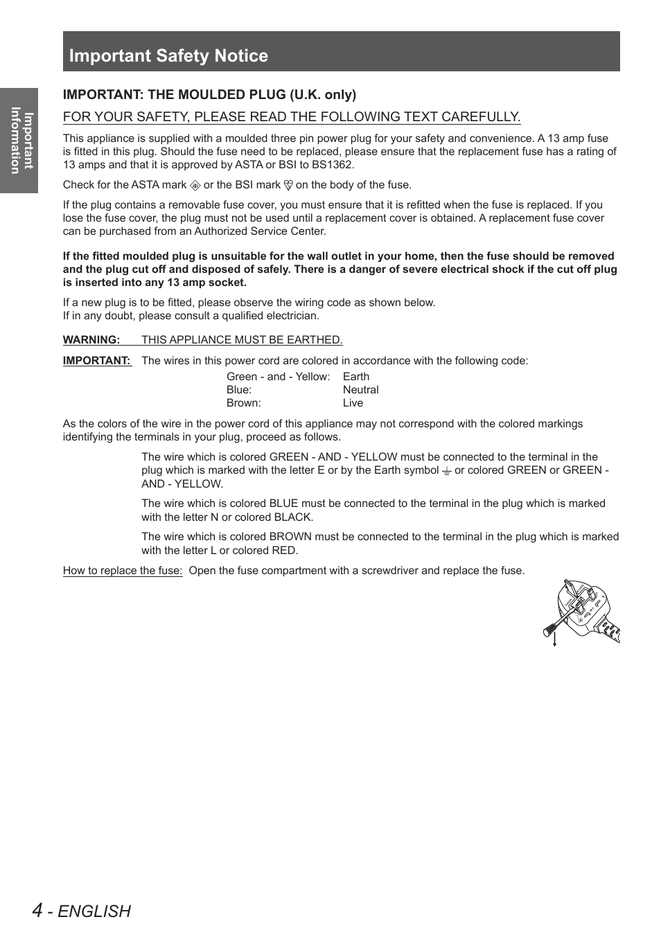 Important safety notice, English | Panasonic TQBJ0350 User Manual | Page 4 / 96