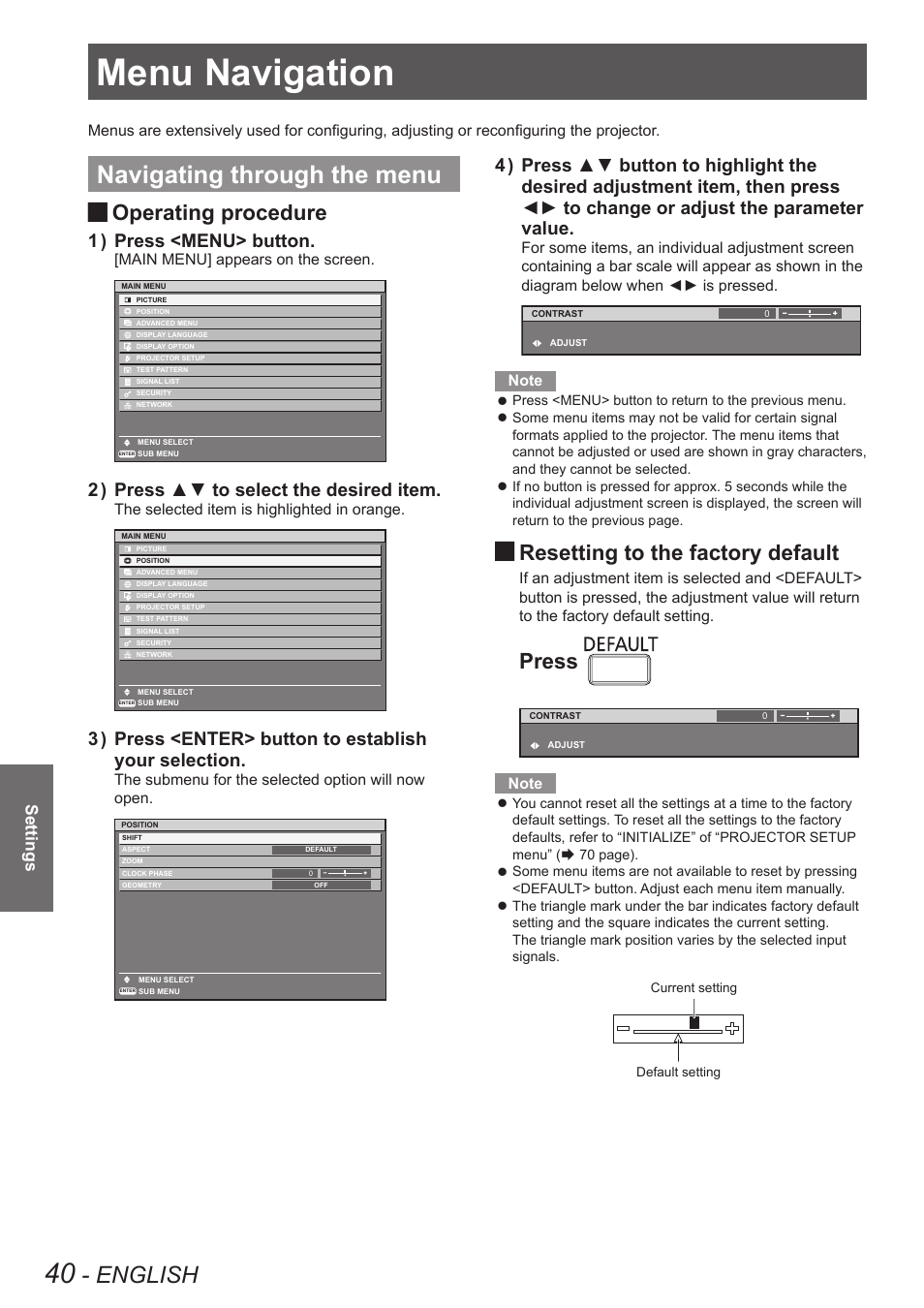 Settings, Menu navigation, Navigating through the menu | English, Operating procedure, Resetting to the factory default, Press, Press <menu> button. 1 ), Press ▲▼ to select the desired item. 2 ) | Panasonic TQBJ0350 User Manual | Page 40 / 96