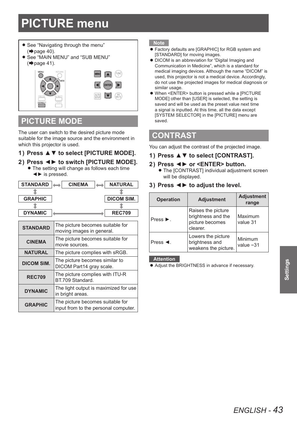 Picture menu, Picture mode, Contrast | Picture mode contrast, English | Panasonic TQBJ0350 User Manual | Page 43 / 96