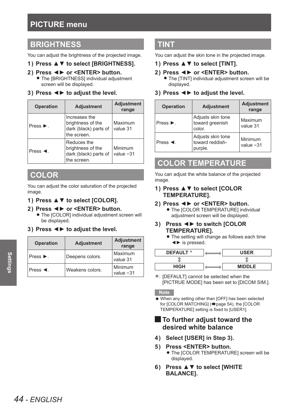 Brightness, Color, Tint | Color temperature, Brightness color tint color temperature, Picture menu, English | Panasonic TQBJ0350 User Manual | Page 44 / 96