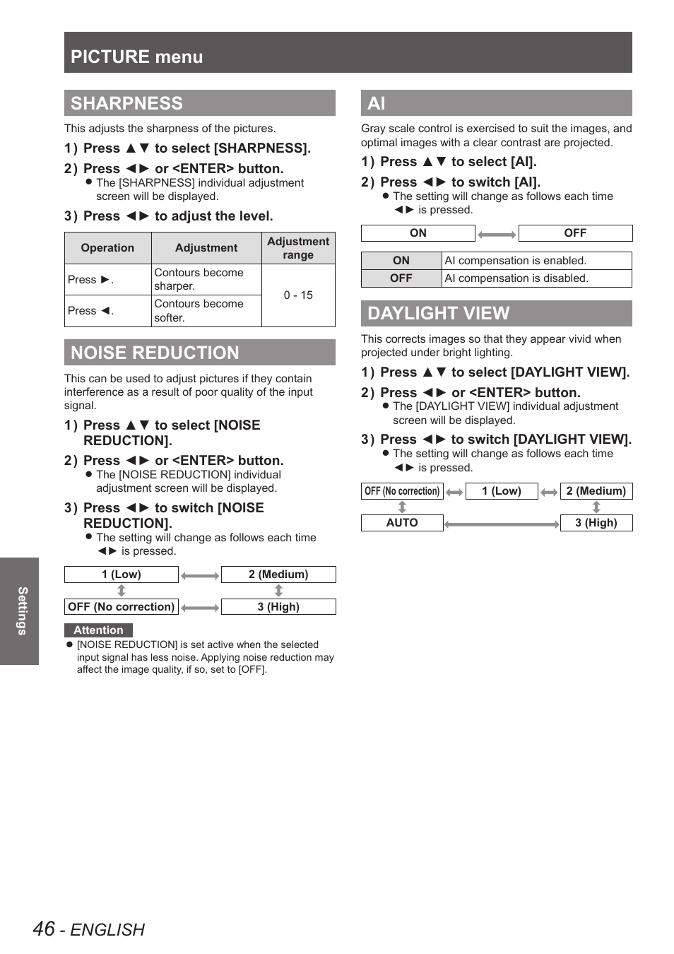 Sharpness, Noise reduction, Daylight view | Sharpness noise reduction ai daylight view, Picture menu, English | Panasonic TQBJ0350 User Manual | Page 46 / 96