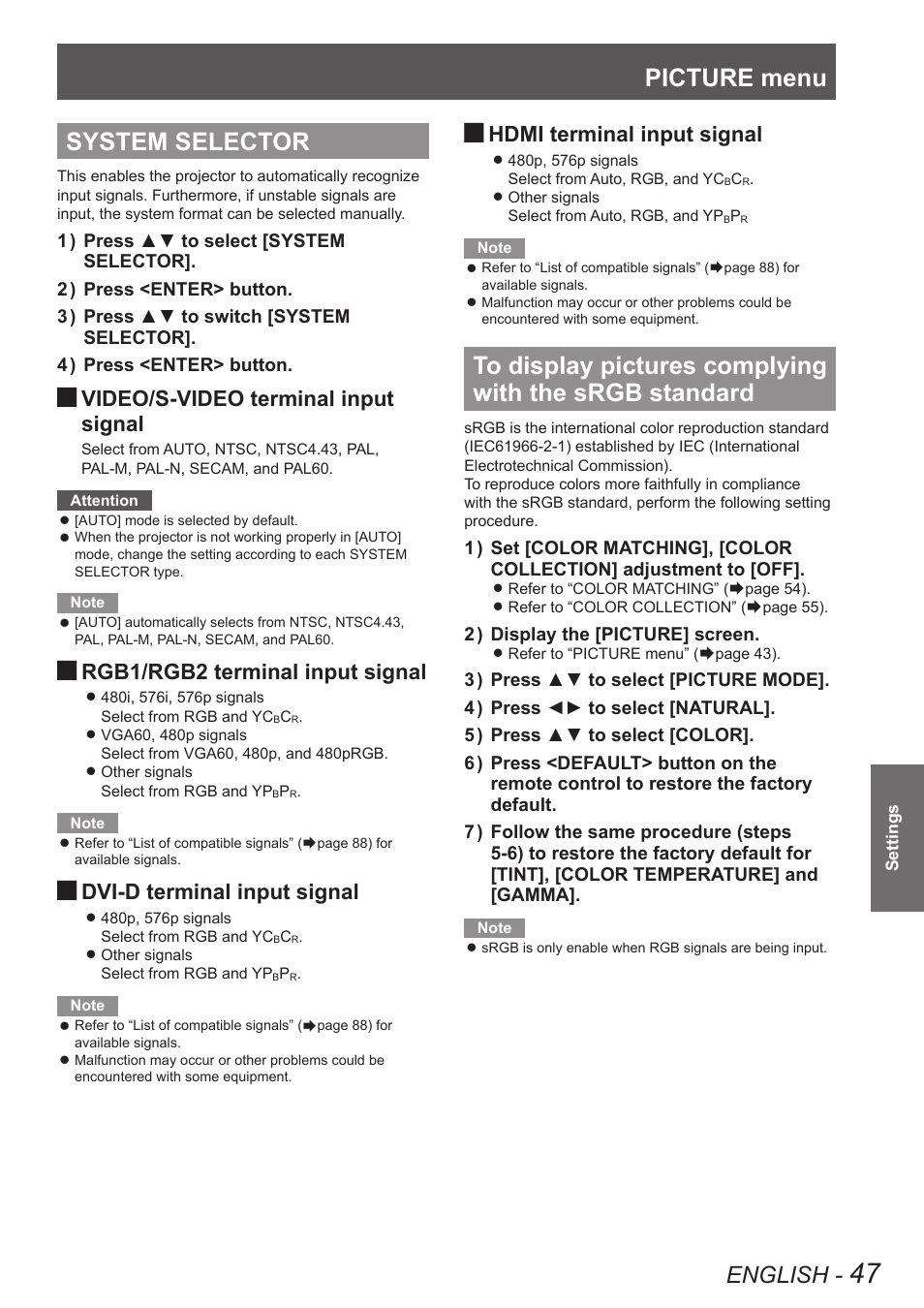 System selector, Standard, Picture menu | English, Video/s-video terminal input signal, Rgb1/rgb2 terminal input signal, Dvi-d terminal input signal, Hdmi terminal input signal | Panasonic TQBJ0350 User Manual | Page 47 / 96