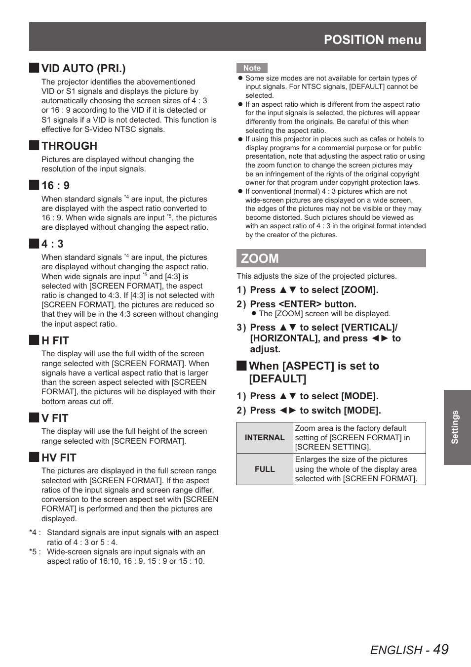 Zoom, Position menu, English | Vid auto (pri.), Through, H fit, V fit, Hv fit, When [aspect] is set to [default | Panasonic TQBJ0350 User Manual | Page 49 / 96