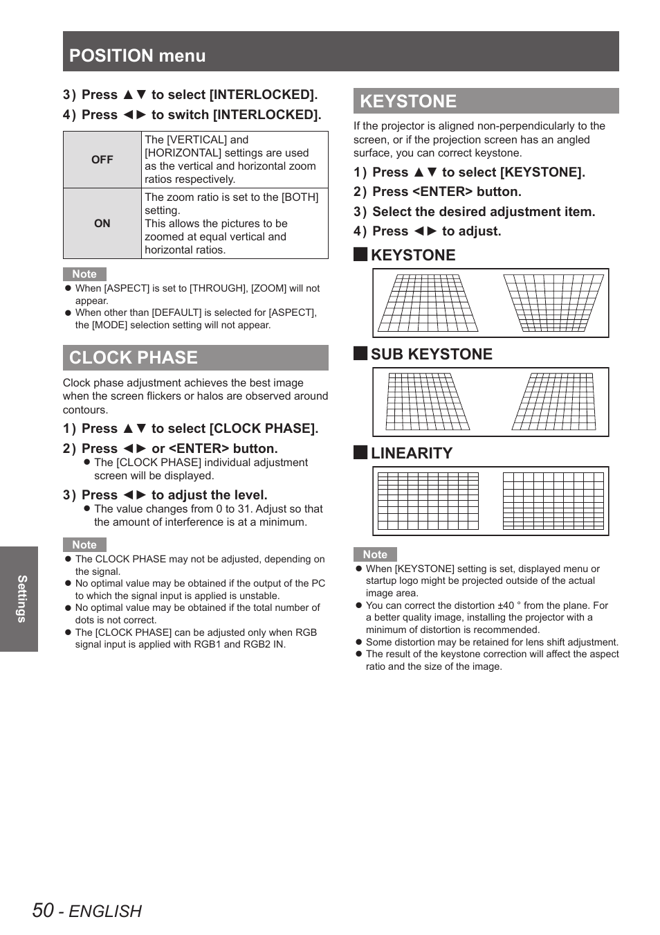 Clock phase, Keystone, Refer to “clock phase” of “position menu | And “clock phase” of “position menu, Position menu, English, Sub keystone, Linearity | Panasonic TQBJ0350 User Manual | Page 50 / 96