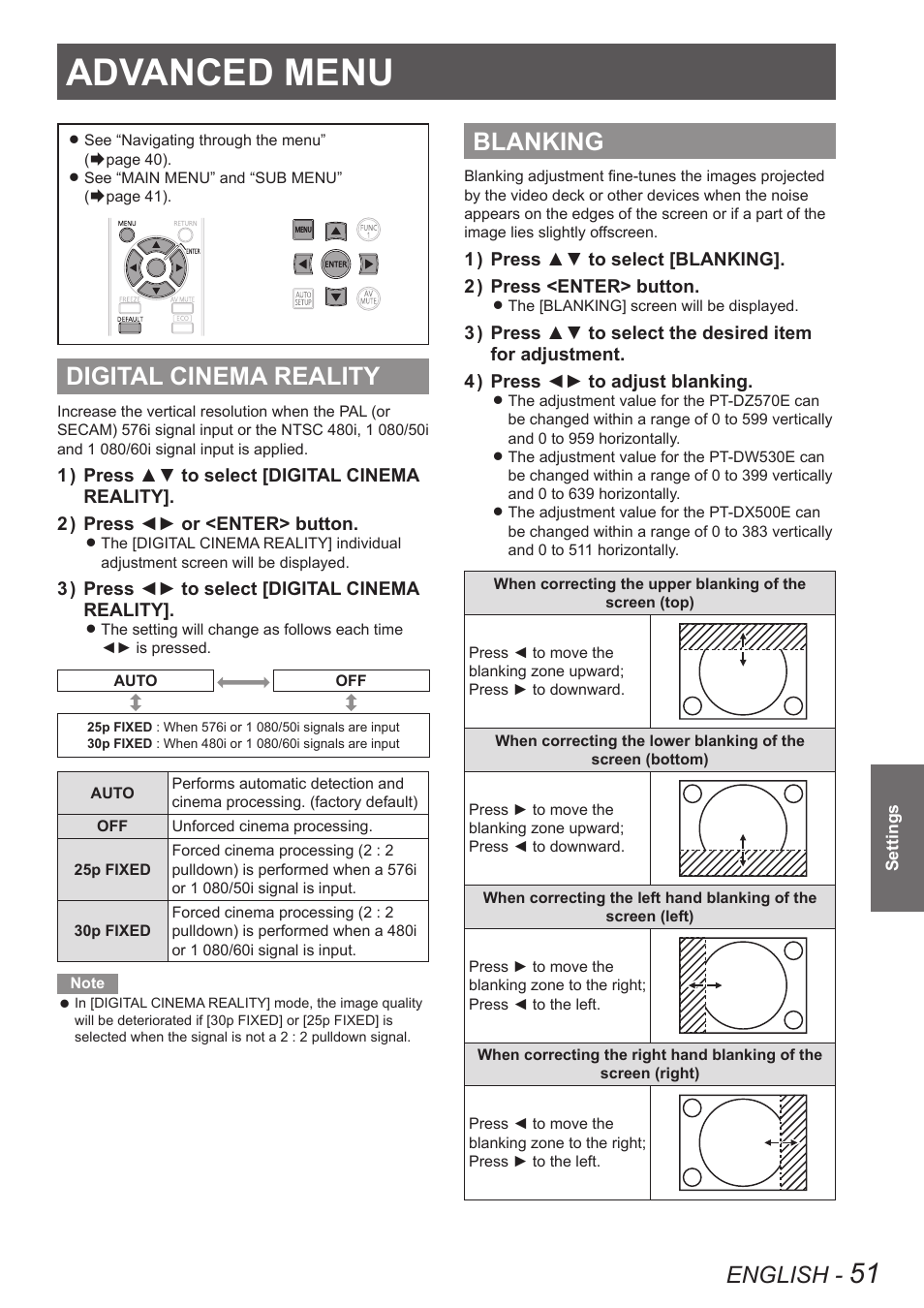 Advanced menu, Digital cinema reality, Blanking | Digital cinema reality blanking, English | Panasonic TQBJ0350 User Manual | Page 51 / 96