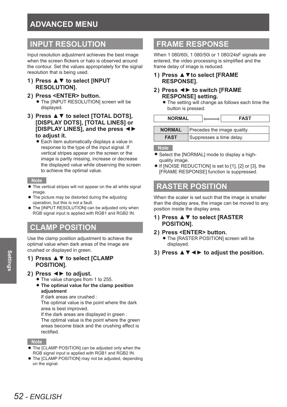 Input resolution, Clamp position, Frame response | Raster position, Advanced menu, English | Panasonic TQBJ0350 User Manual | Page 52 / 96