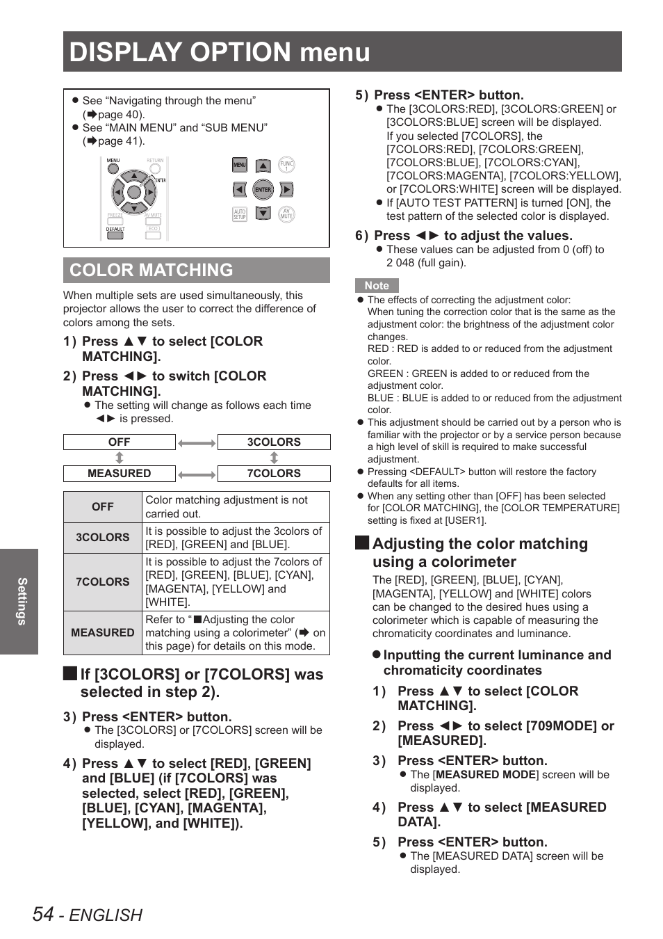 Display option menu, Color matching, Refer to | English, If [3colors] or [7colors] was selected in step 2), Adjusting the color matching using a colorimeter | Panasonic TQBJ0350 User Manual | Page 54 / 96