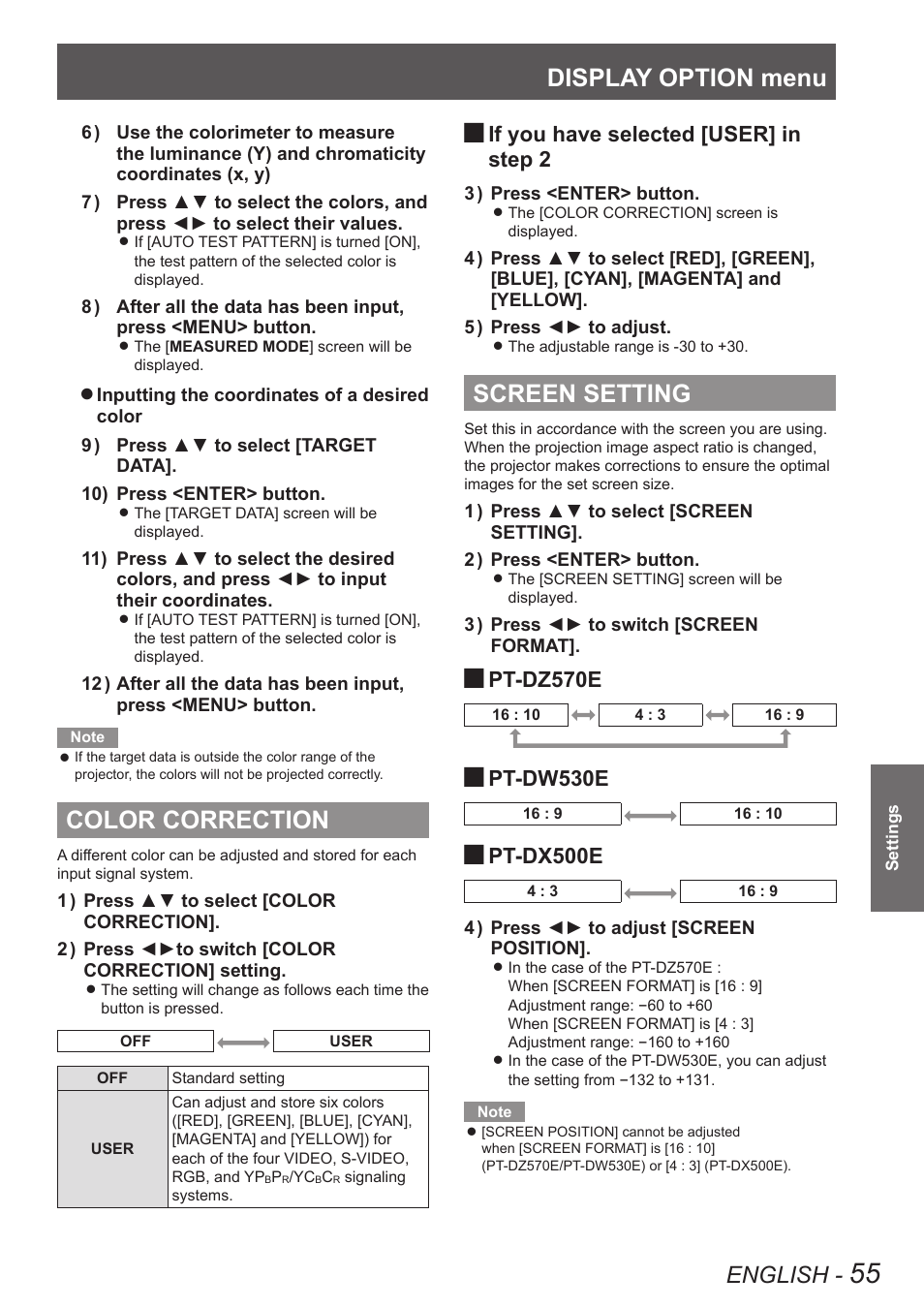 Color correction, Screen setting, Color correction screen setting | Refer to, Color collection, Display option menu, English, If you have selected [user] in, Step 2, Pt-dz570e | Panasonic TQBJ0350 User Manual | Page 55 / 96