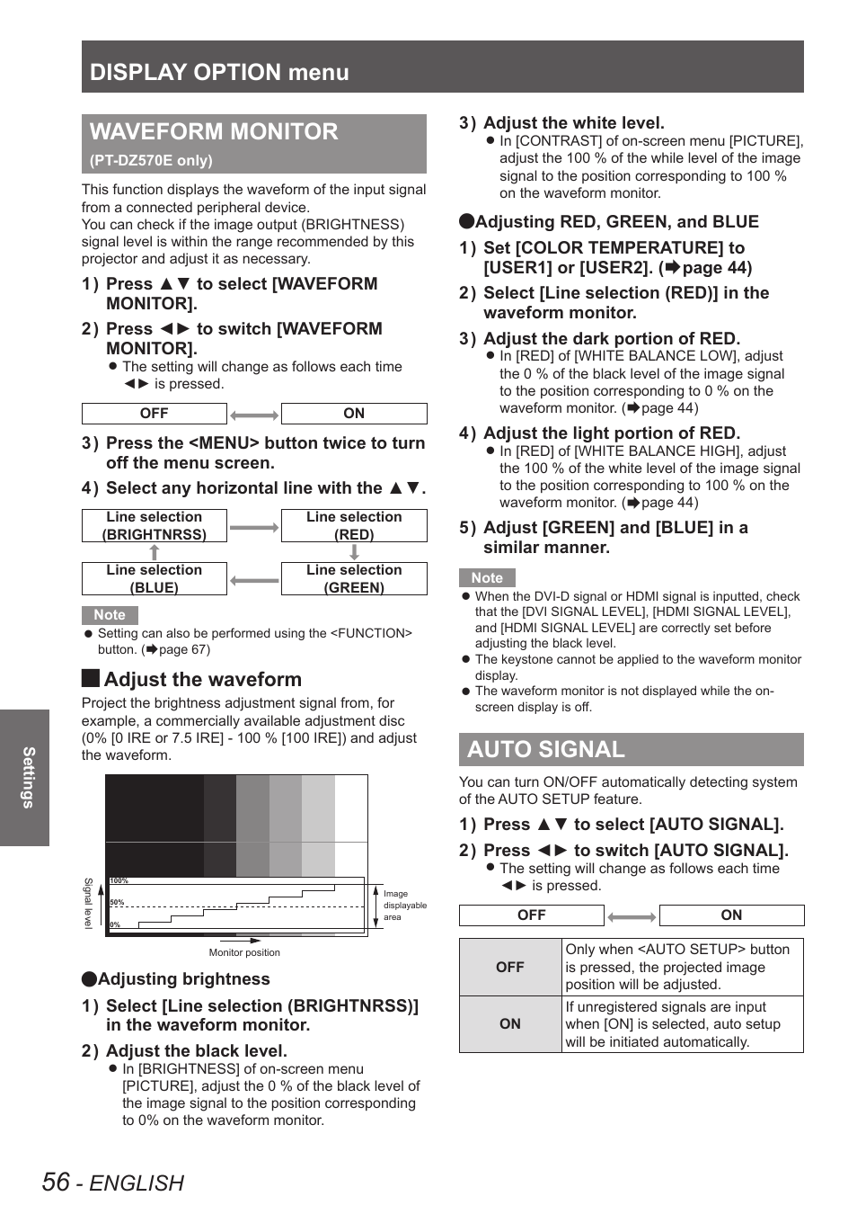 Waveform monitor (pt-dz570e only), Auto signal, Waveform monitor | Pt-dz570e only), Display option menu, English, Adjust the waveform | Panasonic TQBJ0350 User Manual | Page 56 / 96