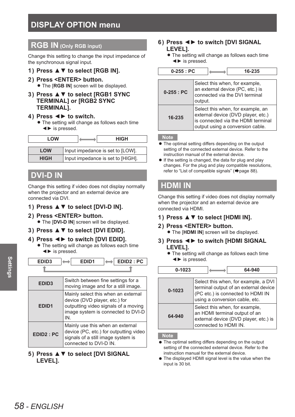 Rgb in (only rgb input), Dvi-d in, Hdmi in | Rgb in (only rgb input) dvi-d in hdmi in, Display option menu, Rgb in, English | Panasonic TQBJ0350 User Manual | Page 58 / 96