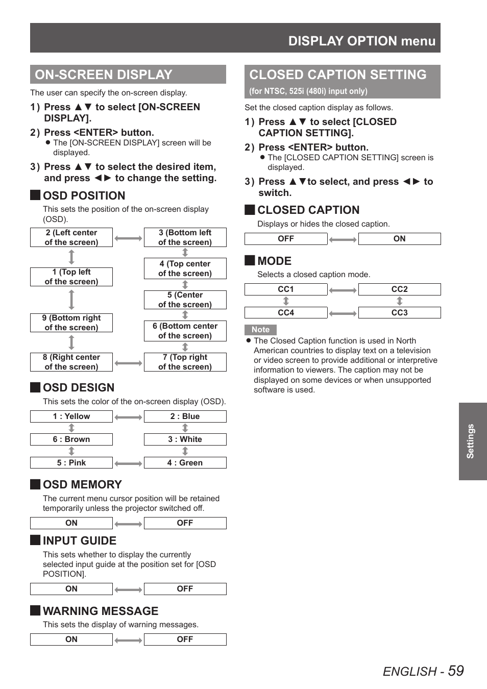 On-screen display, On-screen display closed caption setting, For ntsc, 525i (480i) input only) | Display option menu, Closed caption setting, English, Osd position, Osd design, Input guide, Warning message | Panasonic TQBJ0350 User Manual | Page 59 / 96