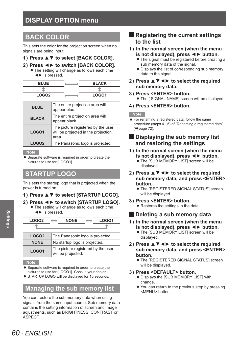 Back color, Startup logo, Managing the sub memory list | Display option menu, English, Registering the current settings, And restoring the settings | Panasonic TQBJ0350 User Manual | Page 60 / 96