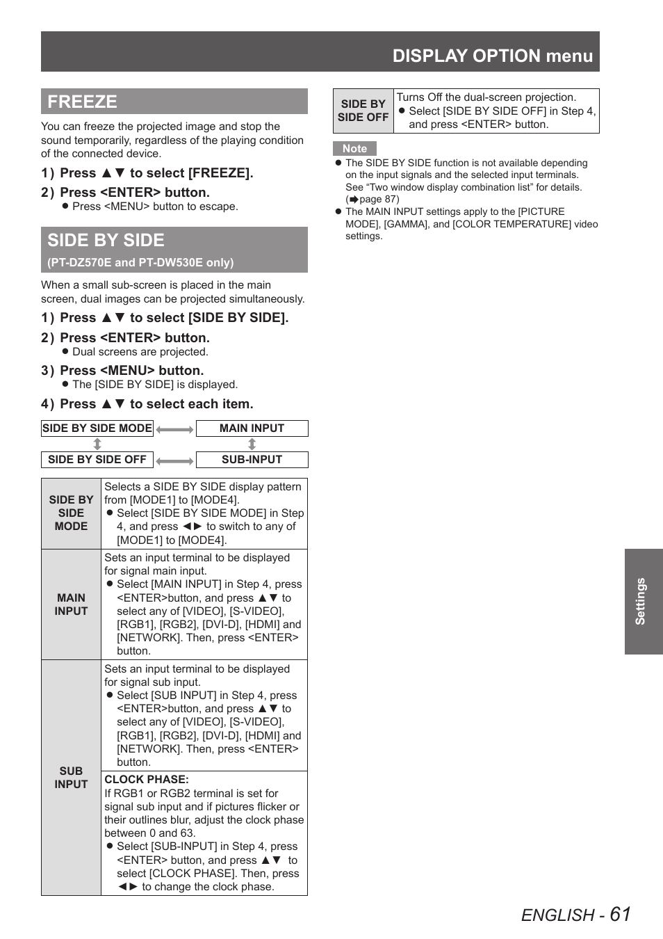 Freeze, Side by side(pt-dz570e and pt-dw530e only), Freeze side by side | Pt-dz570e and pt-dw530e only), Display option menu, Side by side, English | Panasonic TQBJ0350 User Manual | Page 61 / 96