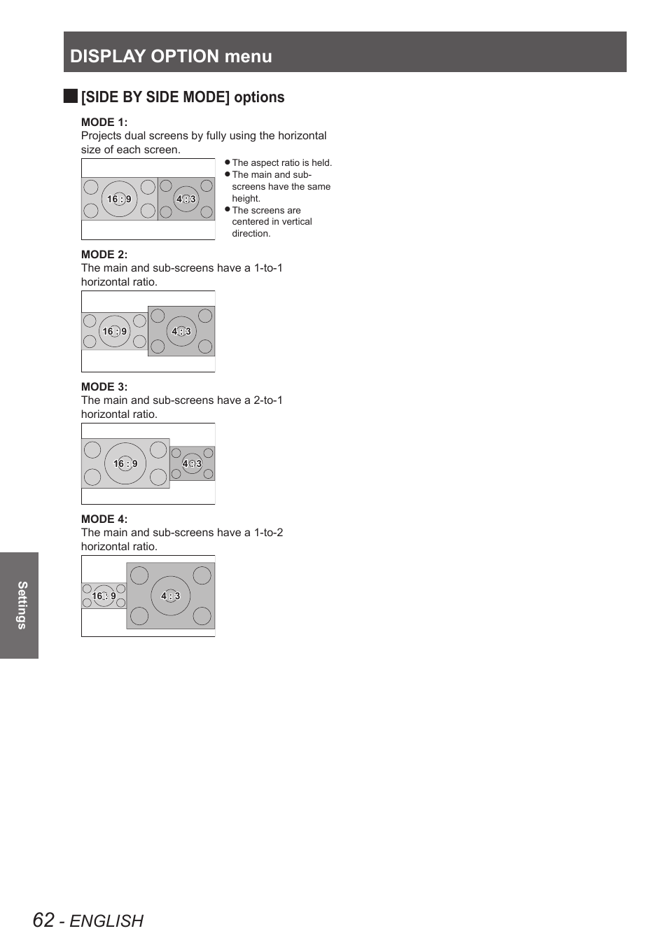 Display option menu, English, Side by side mode] options | Panasonic TQBJ0350 User Manual | Page 62 / 96