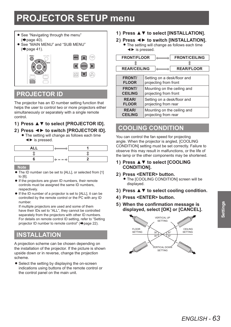 Projector setup menu, Projector id, Installation | Cooling condition, Projector id installation cooling condition, English | Panasonic TQBJ0350 User Manual | Page 63 / 96
