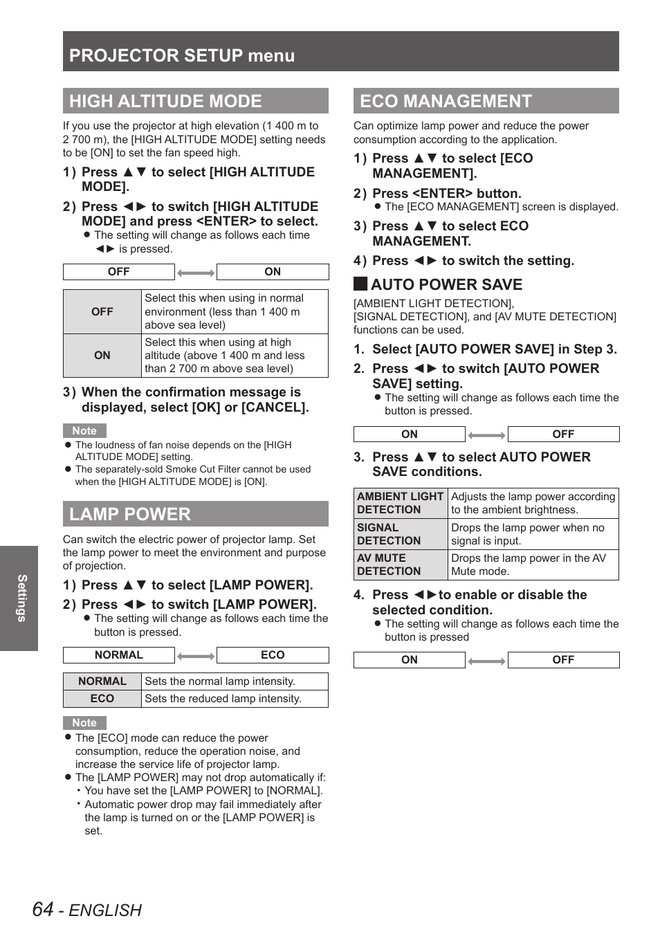 High altitude mode, Lamp power, Eco management | High altitude mode lamp power eco management, For details, see, Eco management” of “projector, Setup, Projector setup menu, English, Auto power save | Panasonic TQBJ0350 User Manual | Page 64 / 96