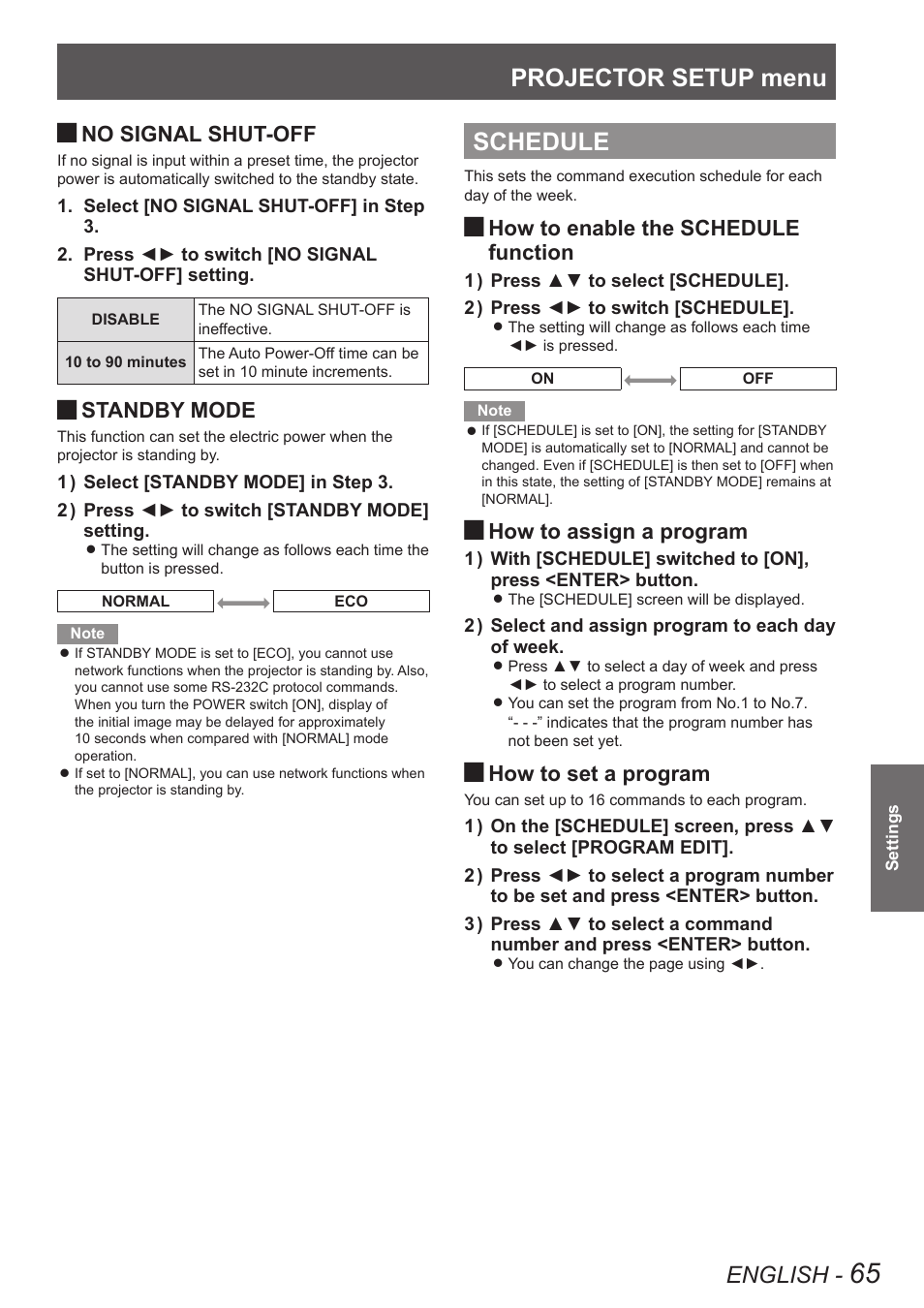 Schedule, Projector setup menu, English | No signal shut-off, Standby mode, How to enable the schedule function, How to assign a program, How to set a program | Panasonic TQBJ0350 User Manual | Page 65 / 96
