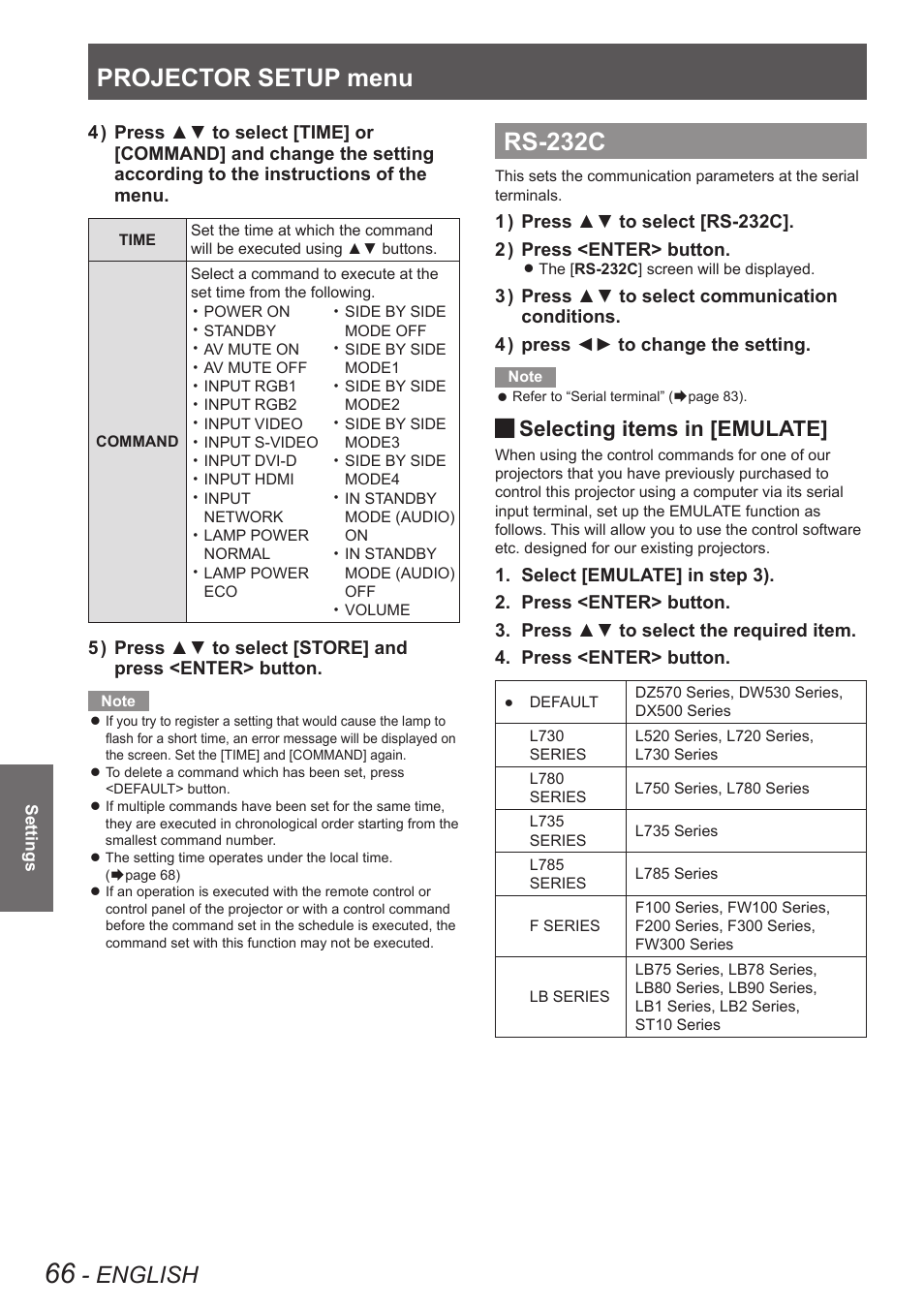 Rs-232c, Projector setup menu, English | Selecting items in [emulate | Panasonic TQBJ0350 User Manual | Page 66 / 96