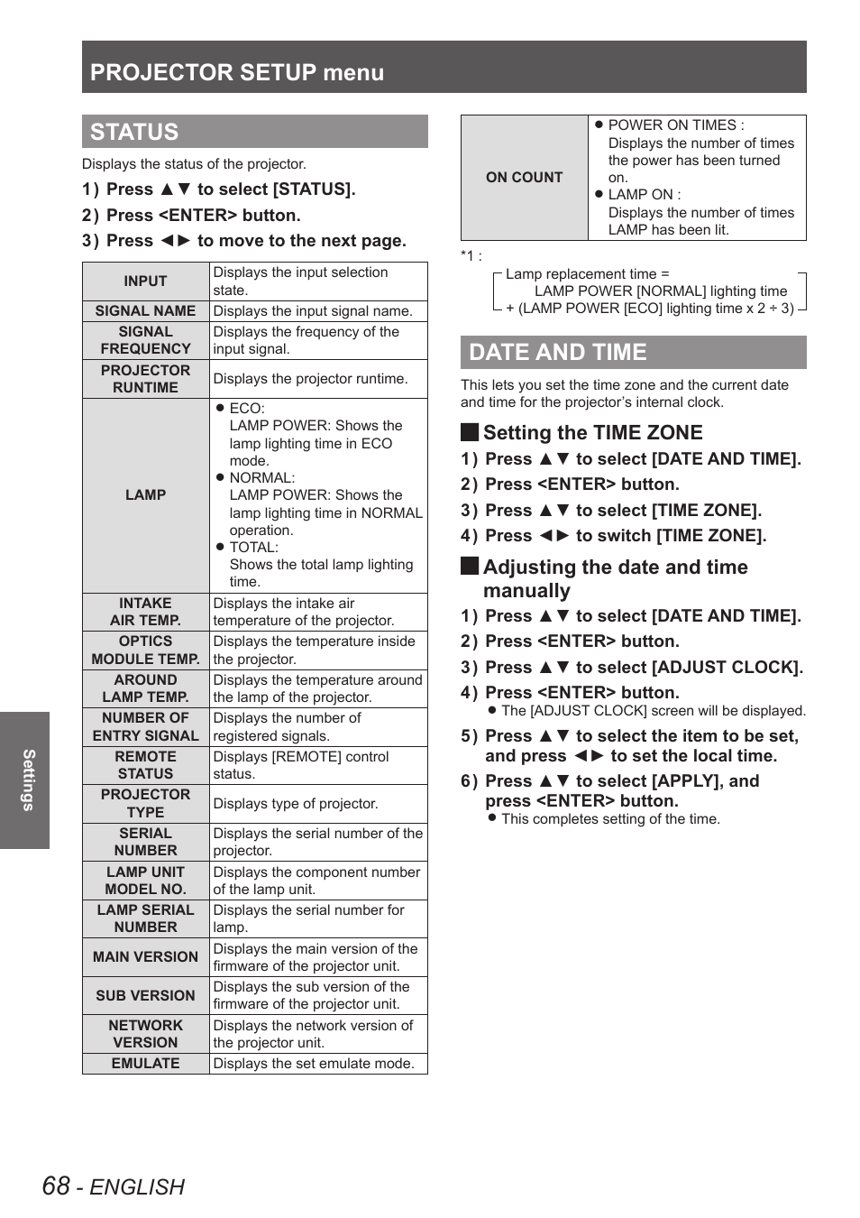 Status, Date and time, Status date and time | Projector setup menu, English, Setting the time zone, Adjusting the date and time manually | Panasonic TQBJ0350 User Manual | Page 68 / 96