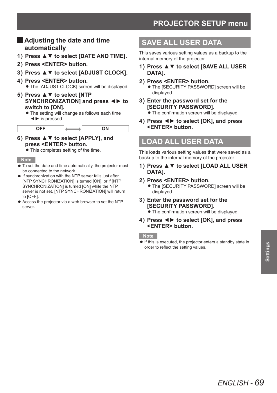 Save all user data, Load all user data, Save all user data load all user data | Projector setup menu, English, Adjusting the date and time automatically | Panasonic TQBJ0350 User Manual | Page 69 / 96