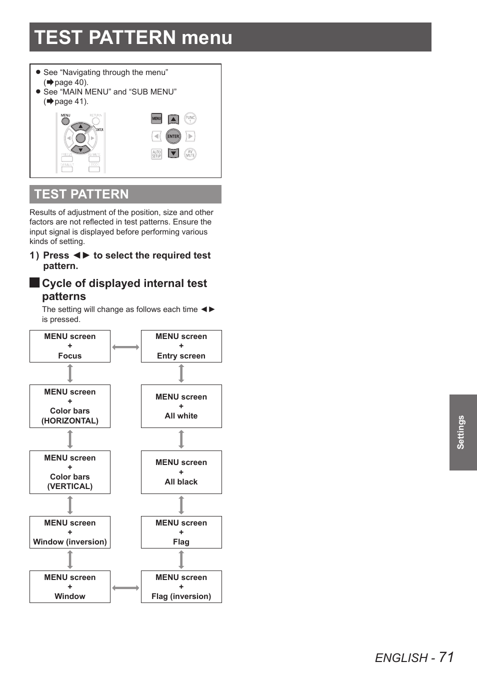 Test pattern menu, Test pattern, English | Cycle of displayed internal test patterns | Panasonic TQBJ0350 User Manual | Page 71 / 96