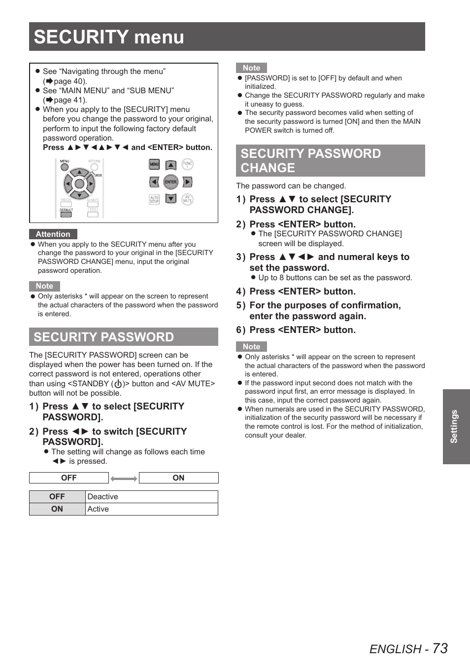 Security menu, Security password, Security password change | Security password security password change, English | Panasonic TQBJ0350 User Manual | Page 73 / 96