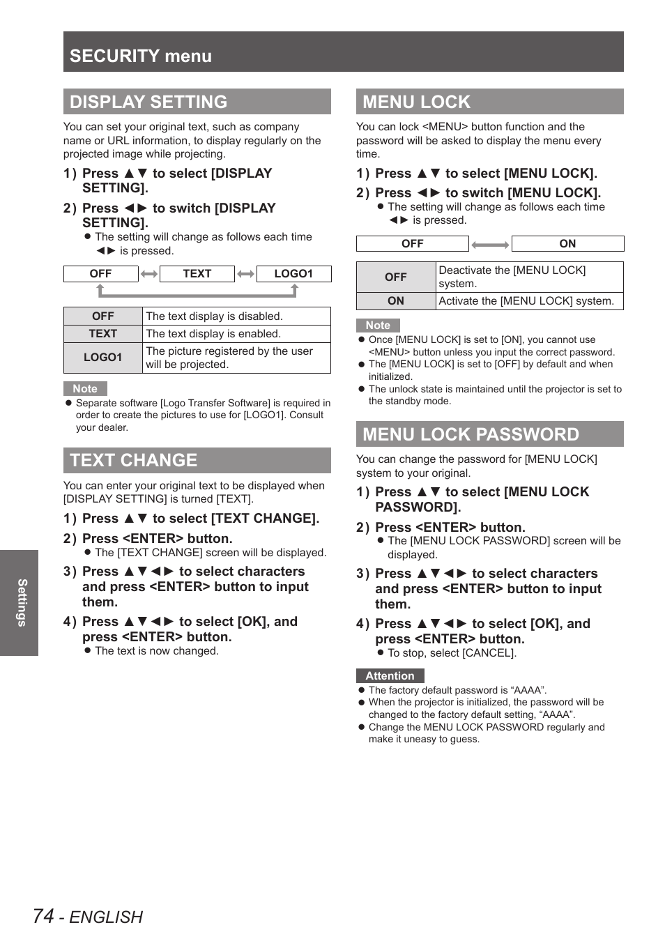 Display setting, Text change, Menu lock | Menu lock password, Security menu, English | Panasonic TQBJ0350 User Manual | Page 74 / 96