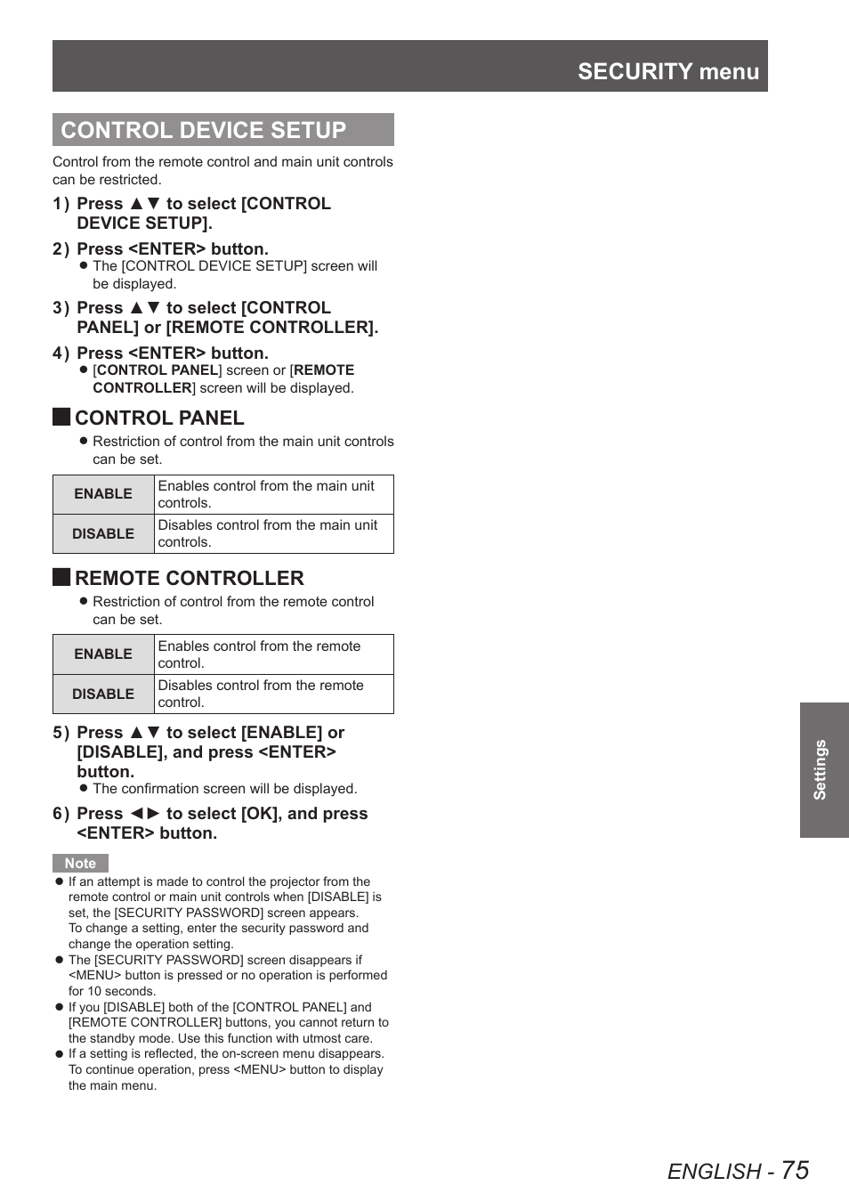 Control device setup, Security menu, English | Control panel, Remote controller | Panasonic TQBJ0350 User Manual | Page 75 / 96