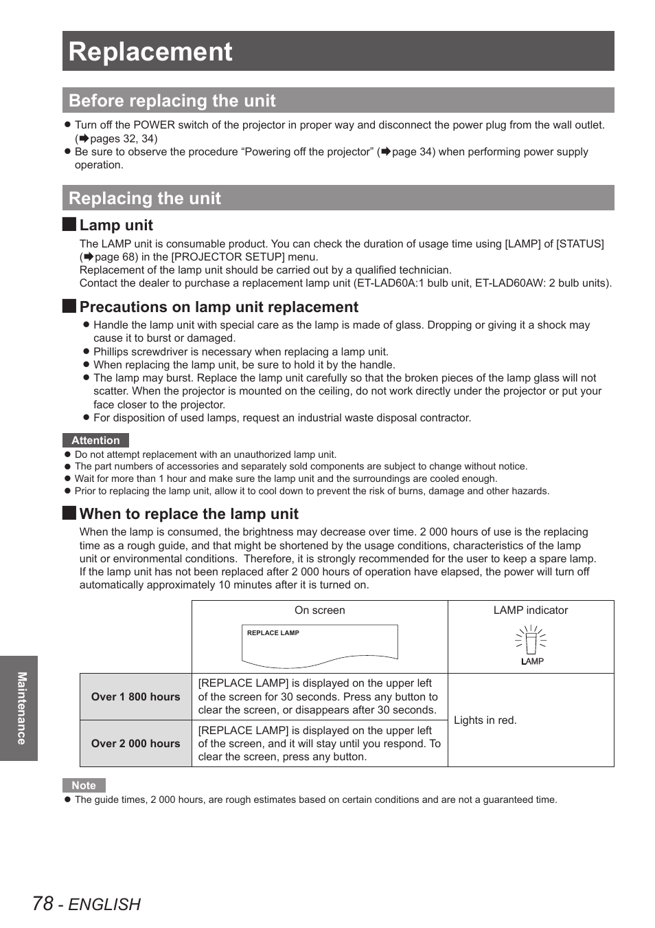 Replacement, Before replacing the unit, Replacing the unit | Before replacing the unit replacing the unit, English, Lamp unit, Precautions on lamp unit replacement, When to replace the lamp unit | Panasonic TQBJ0350 User Manual | Page 78 / 96