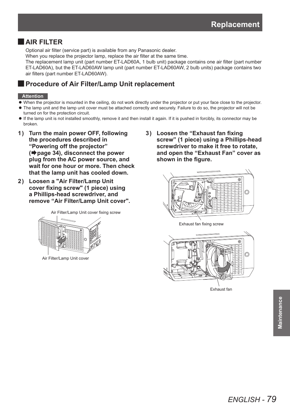 Replacement, English, Air filter | Procedure of air filter/lamp unit replacement | Panasonic TQBJ0350 User Manual | Page 79 / 96