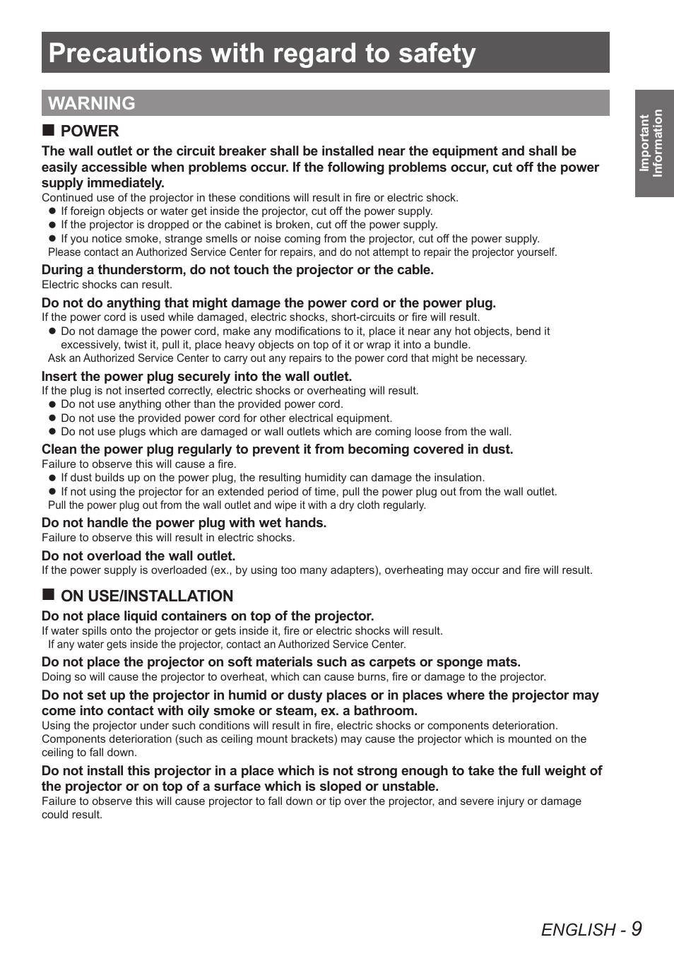 Precautions with regard to safety, Warning, English | Power, On use/installation | Panasonic TQBJ0350 User Manual | Page 9 / 96