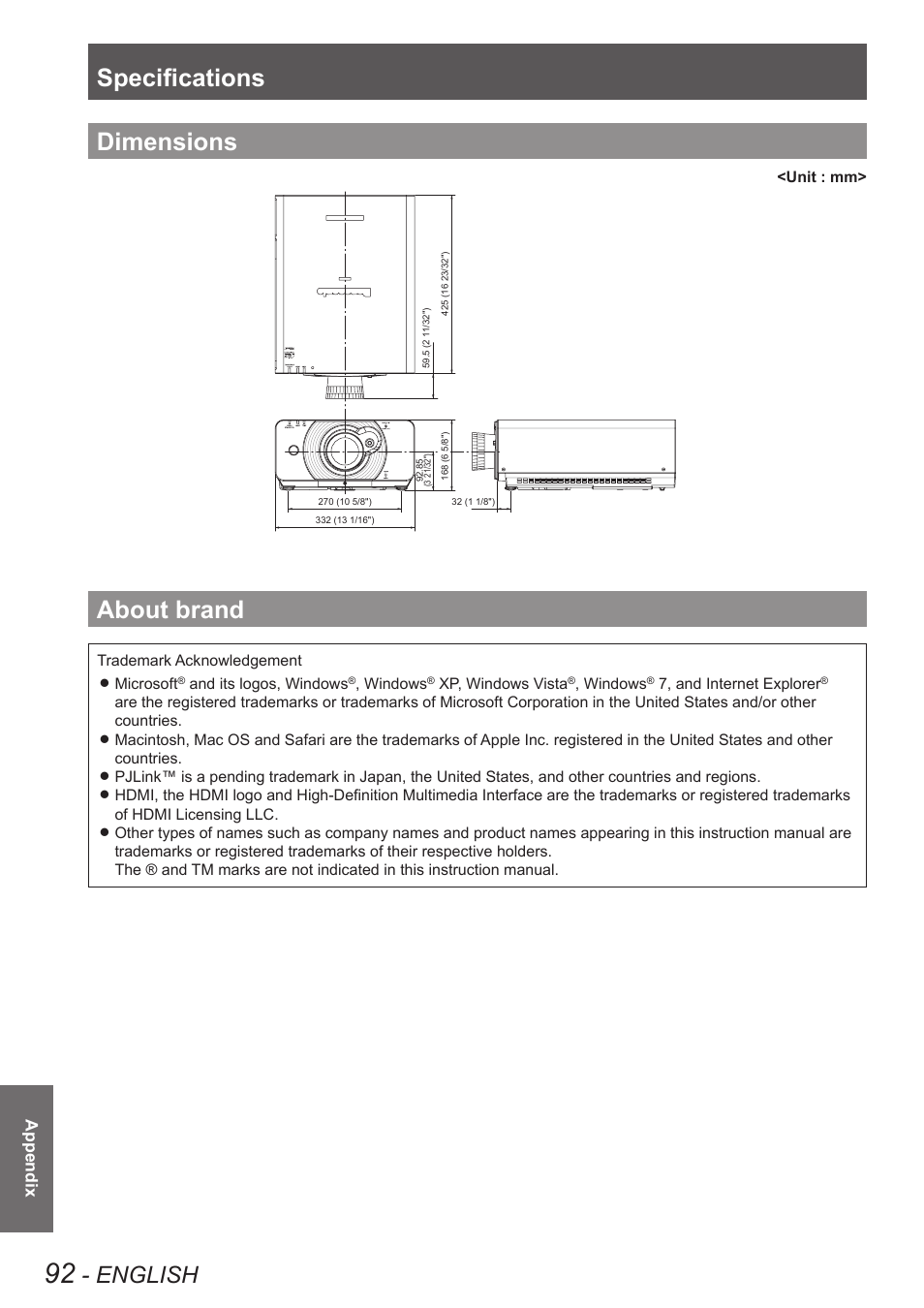 Dimensions, About brand, Dimensions about brand | Specifications, English | Panasonic TQBJ0350 User Manual | Page 92 / 96