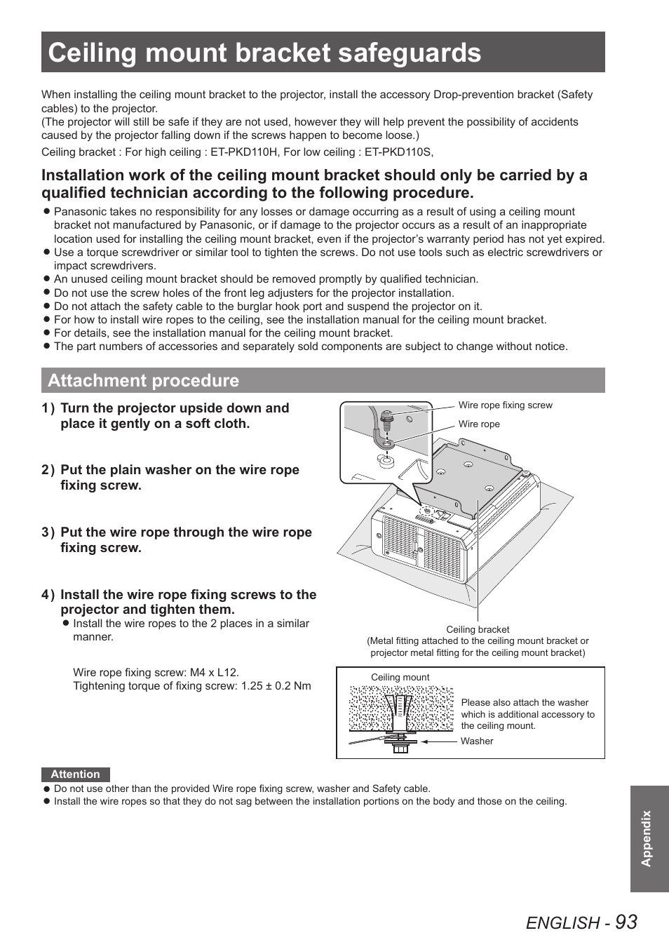 Ceiling mount bracket safeguards, Attachment procedure, English | Panasonic TQBJ0350 User Manual | Page 93 / 96