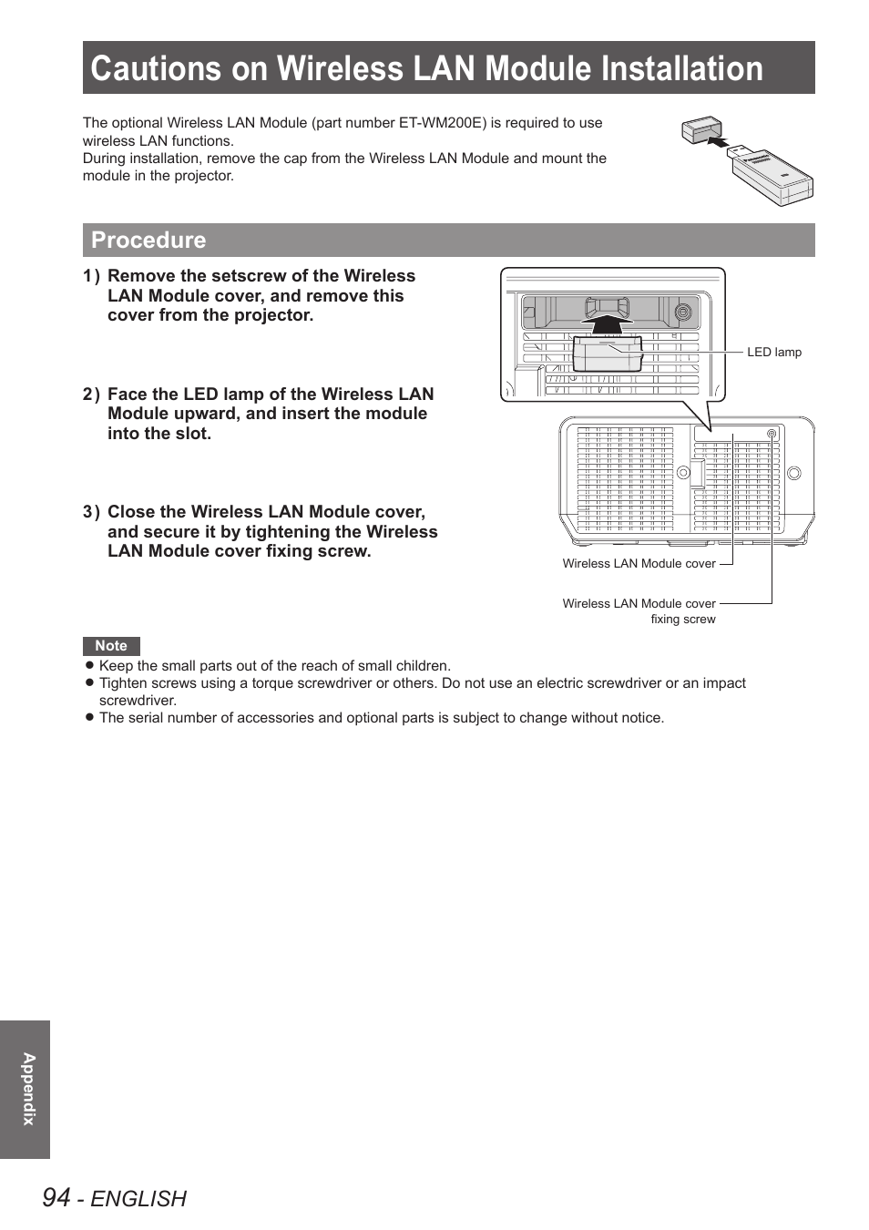 Cautions on wireless lan module installation, Procedure, Cautions on wireless lan module | Installation, English | Panasonic TQBJ0350 User Manual | Page 94 / 96