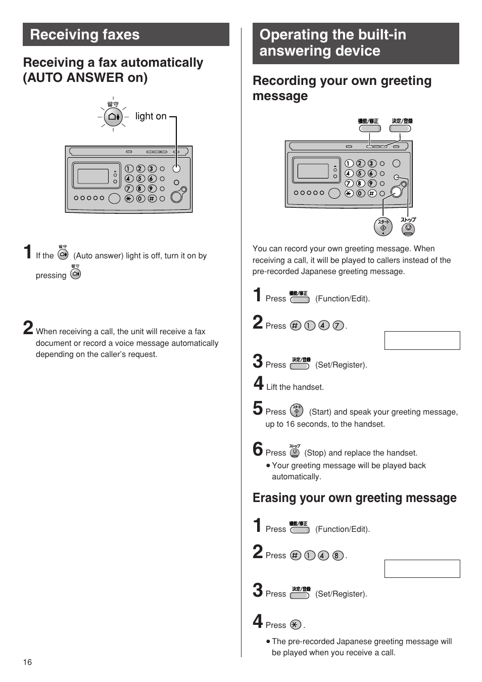 Receiving faxes, Operating the built-in answering device | Panasonic KX-PW95CW User Manual | Page 16 / 24