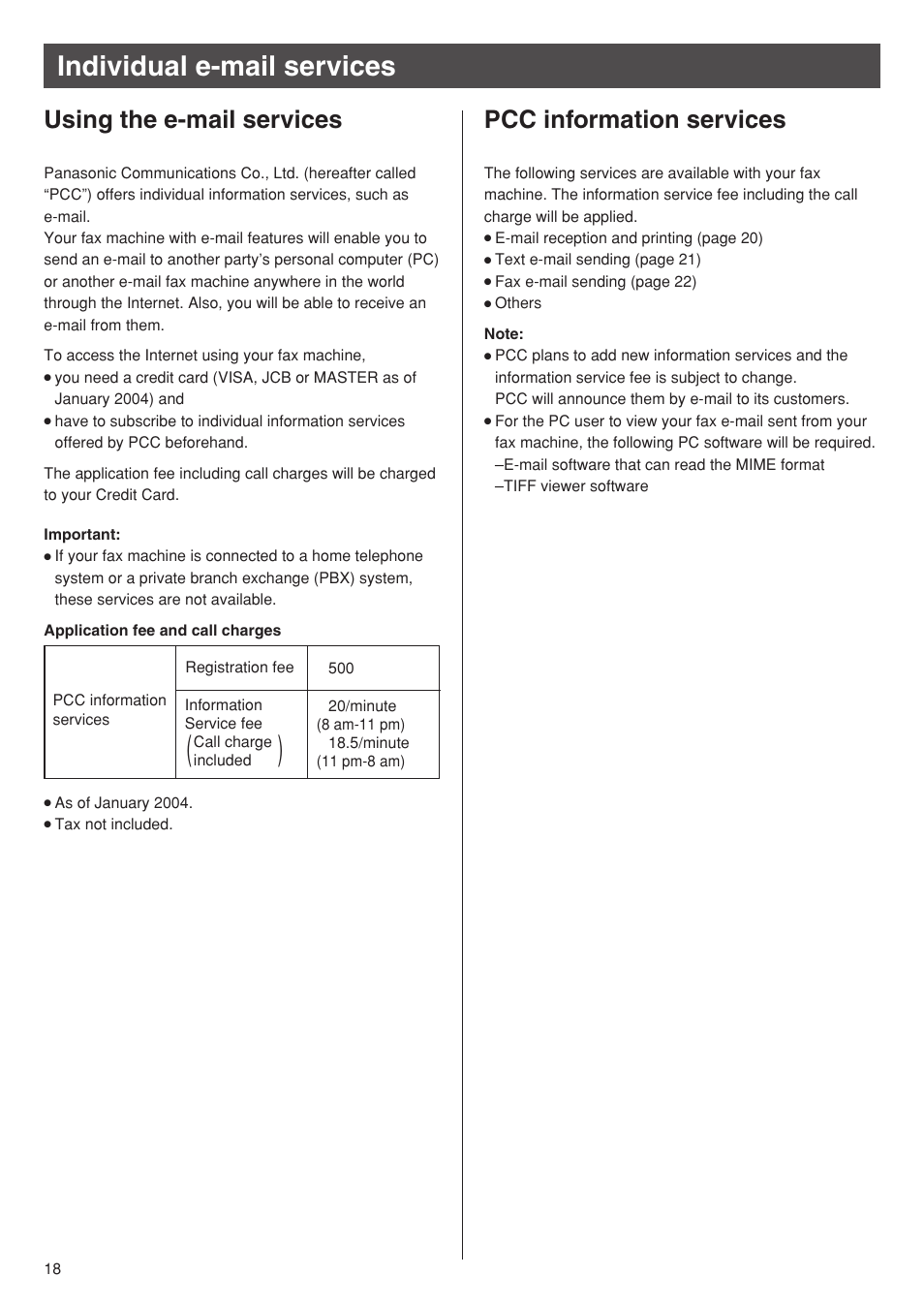 Individual e-mail services, Using the e-mail services, Pcc information services | Panasonic KX-PW95CW User Manual | Page 18 / 24