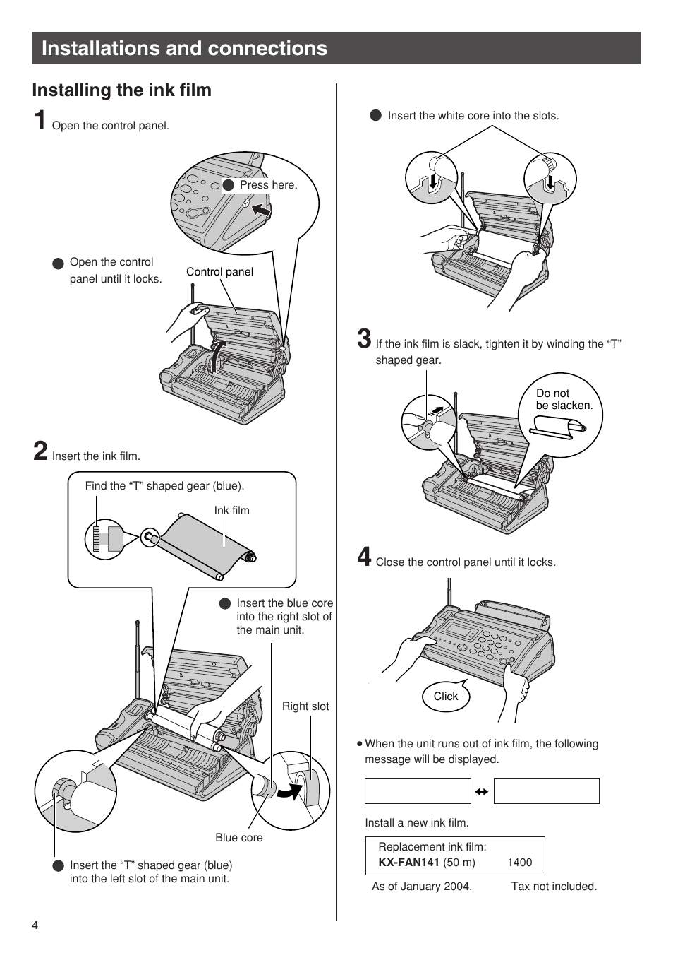 Installations and connections, Installing the ink film | Panasonic KX-PW95CW User Manual | Page 4 / 24