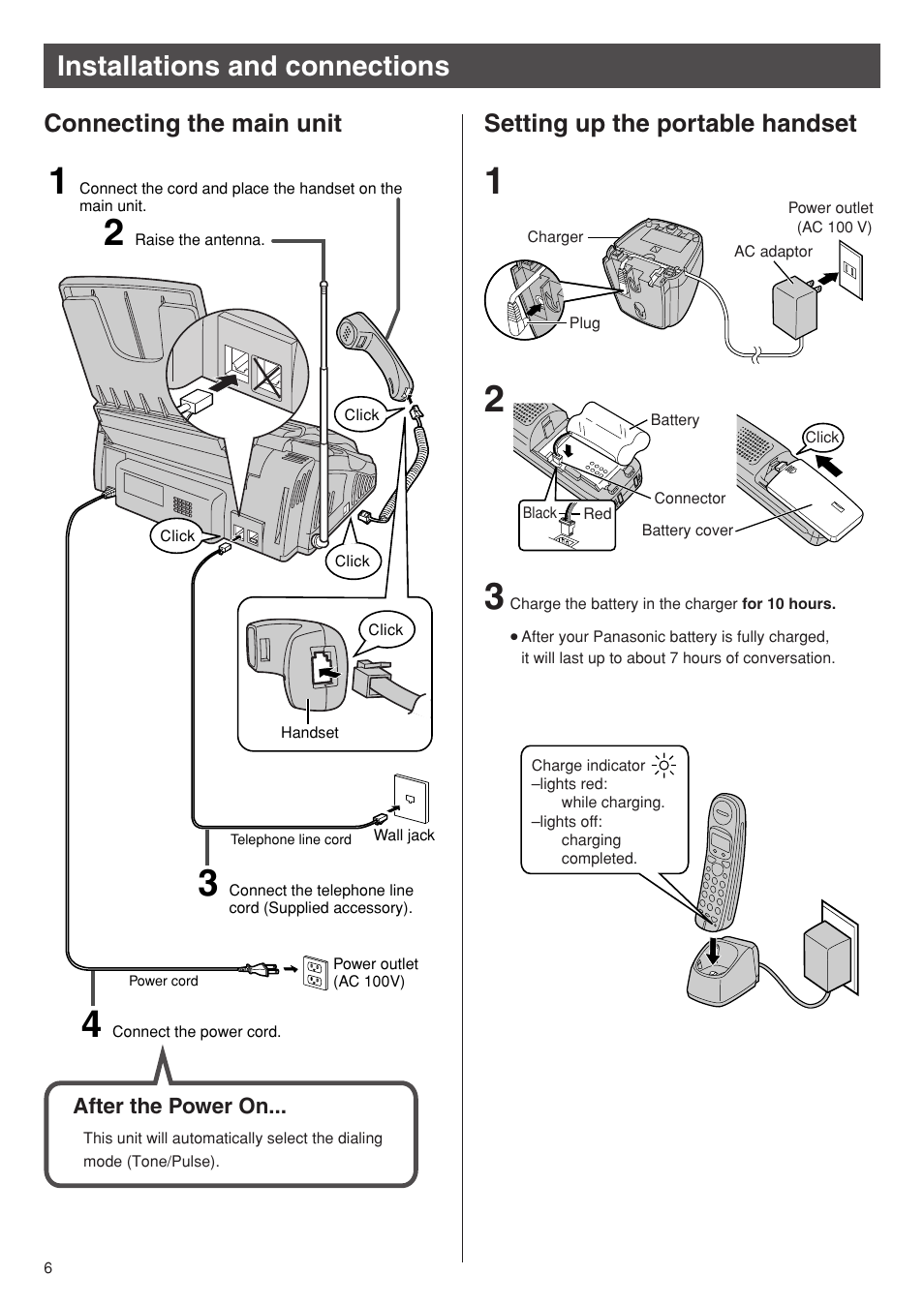 Installations and connections, Connecting the main unit, Setting up the portable handset | Panasonic KX-PW95CW User Manual | Page 6 / 24
