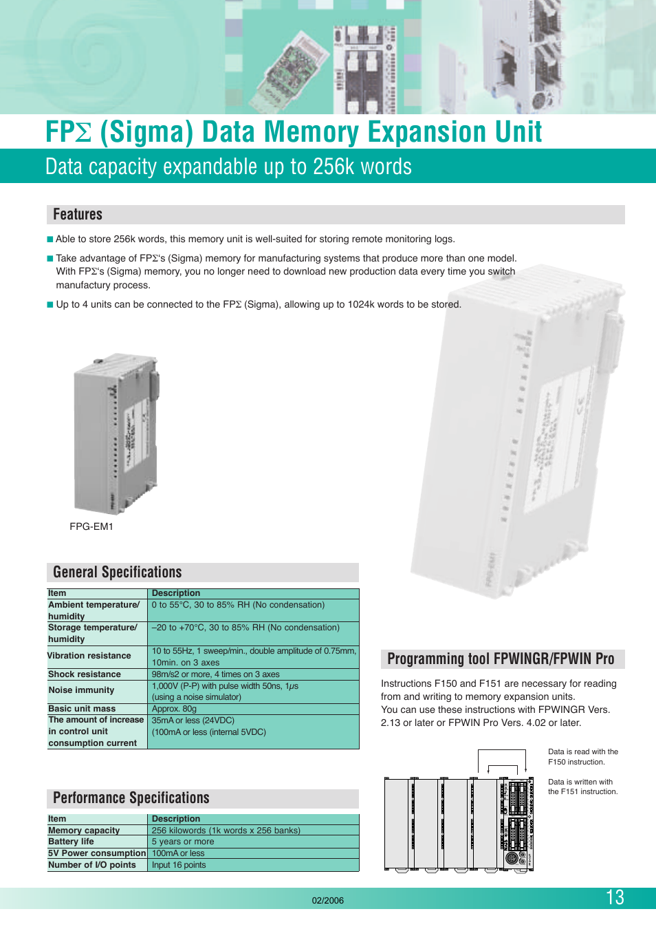 Data capacity expandable up to 256k words, Features, Programming tool fpwingr/fpwin pro | General specifications, Performance specifications, Fpg-em1 | Panasonic FP (Sigma) User Manual | Page 13 / 20