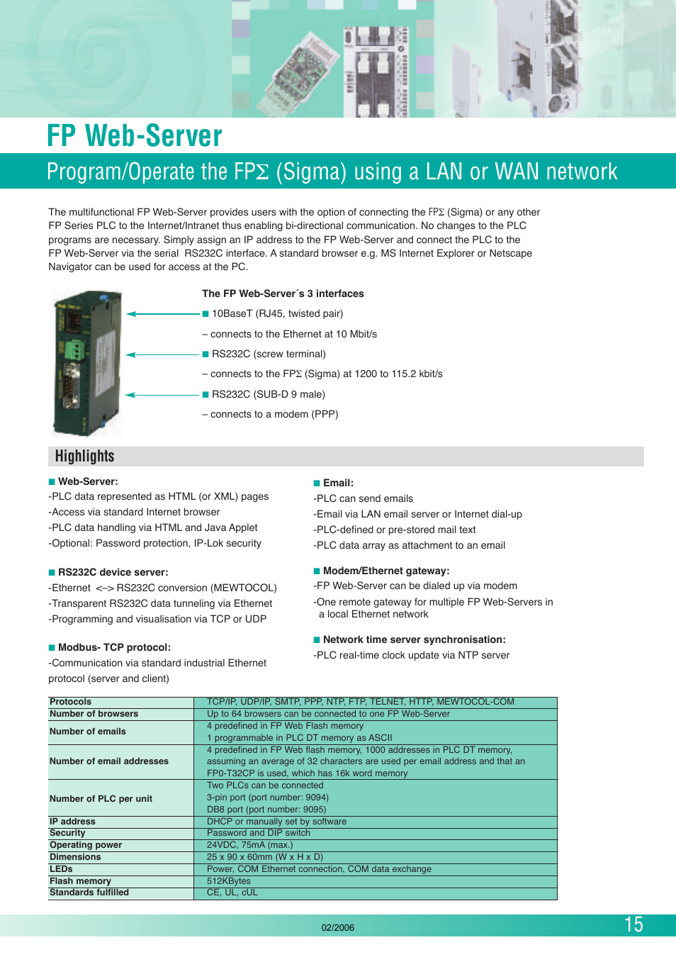 Fp web-server, Highlights | Panasonic FP (Sigma) User Manual | Page 15 / 20