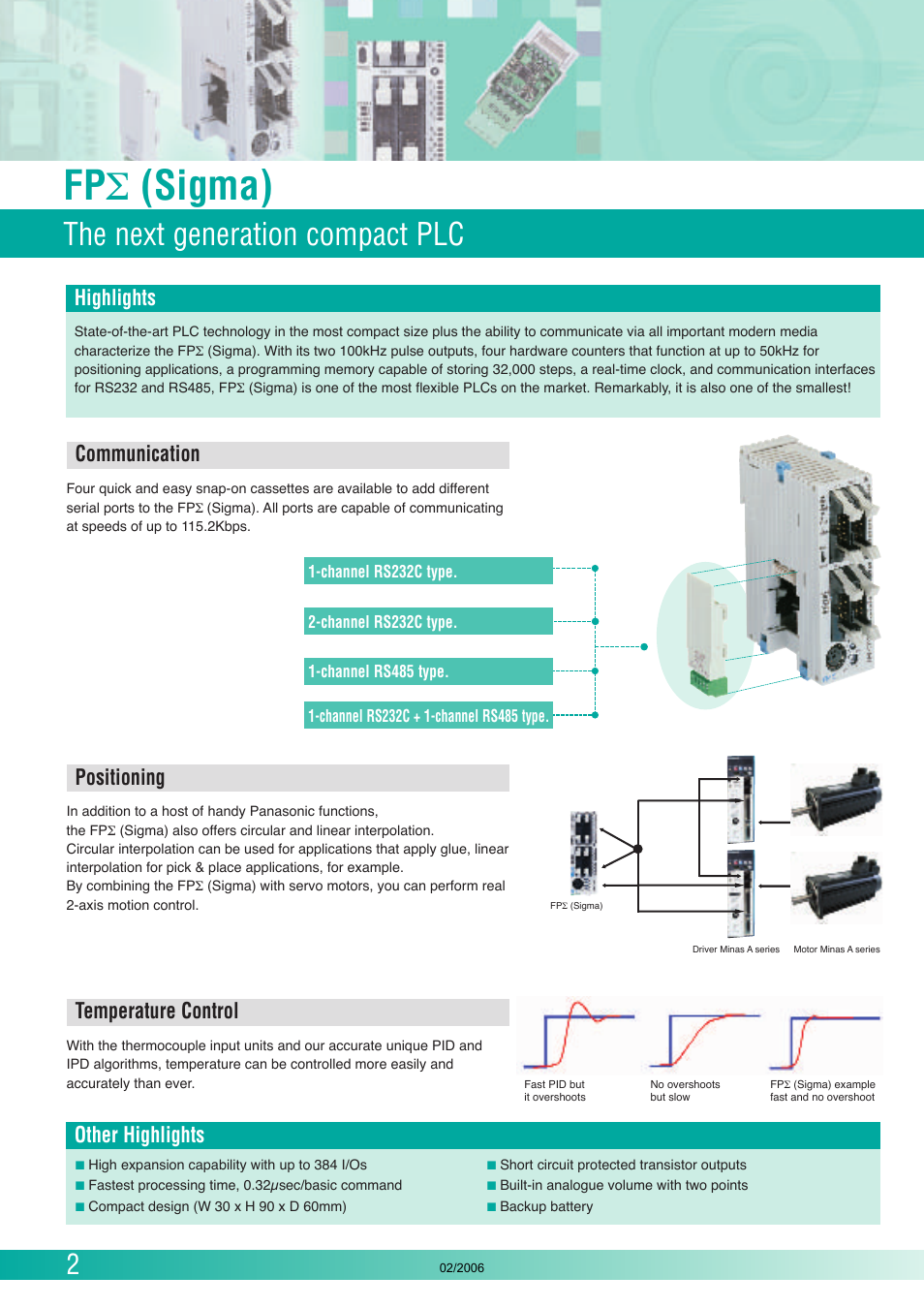 Fp σ (sigma), The next generation compact plc, Other highlights | Communication, Positioning, Temperature control, Highlights | Panasonic FP (Sigma) User Manual | Page 2 / 20