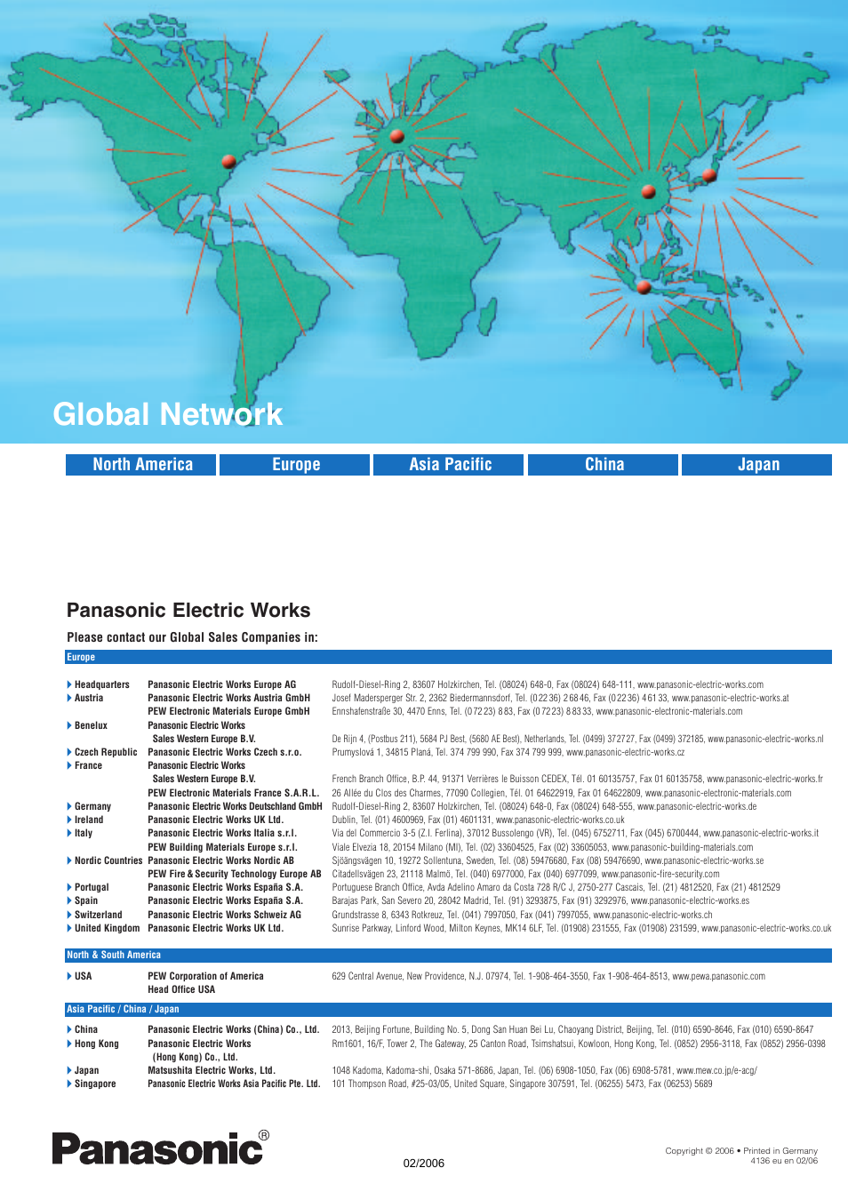 Global network, Global network services, Panasonic electric works | Asia pacific china japan north america europe | Panasonic FP (Sigma) User Manual | Page 20 / 20