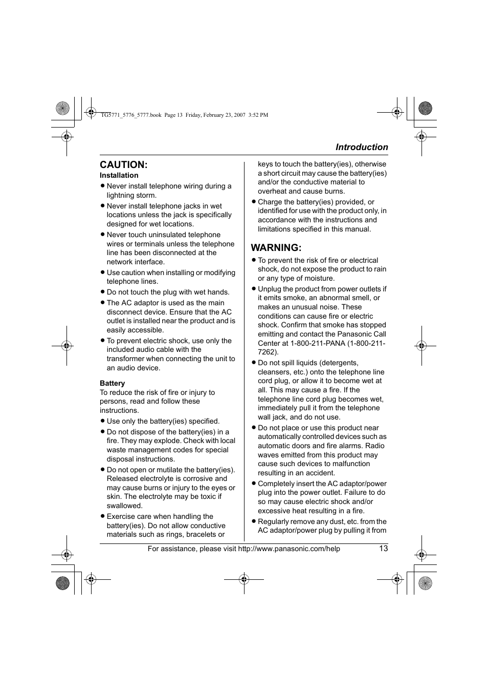Caution, Warning | Panasonic KX-TG5771 User Manual | Page 13 / 84