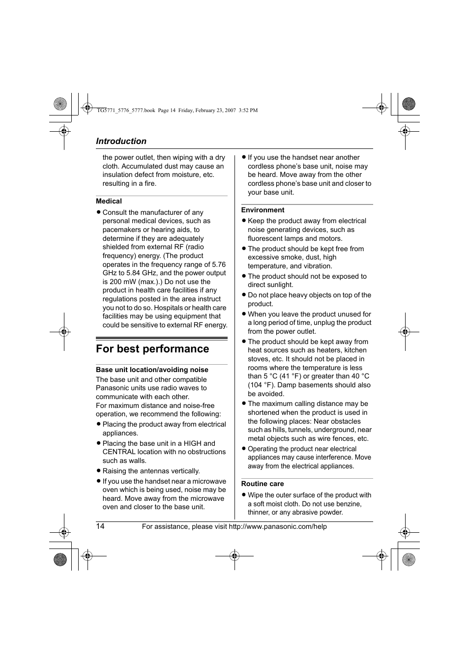 For best performance | Panasonic KX-TG5771 User Manual | Page 14 / 84