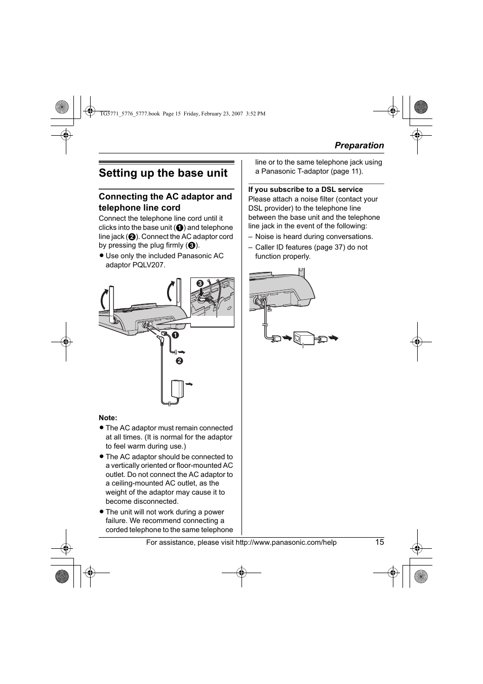 Preparation, Setting up the base unit | Panasonic KX-TG5771 User Manual | Page 15 / 84