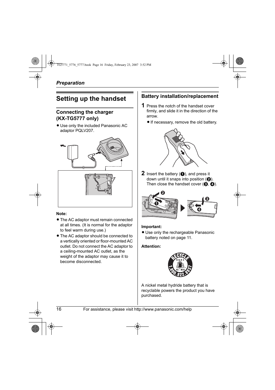 Setting up the handset | Panasonic KX-TG5771 User Manual | Page 16 / 84