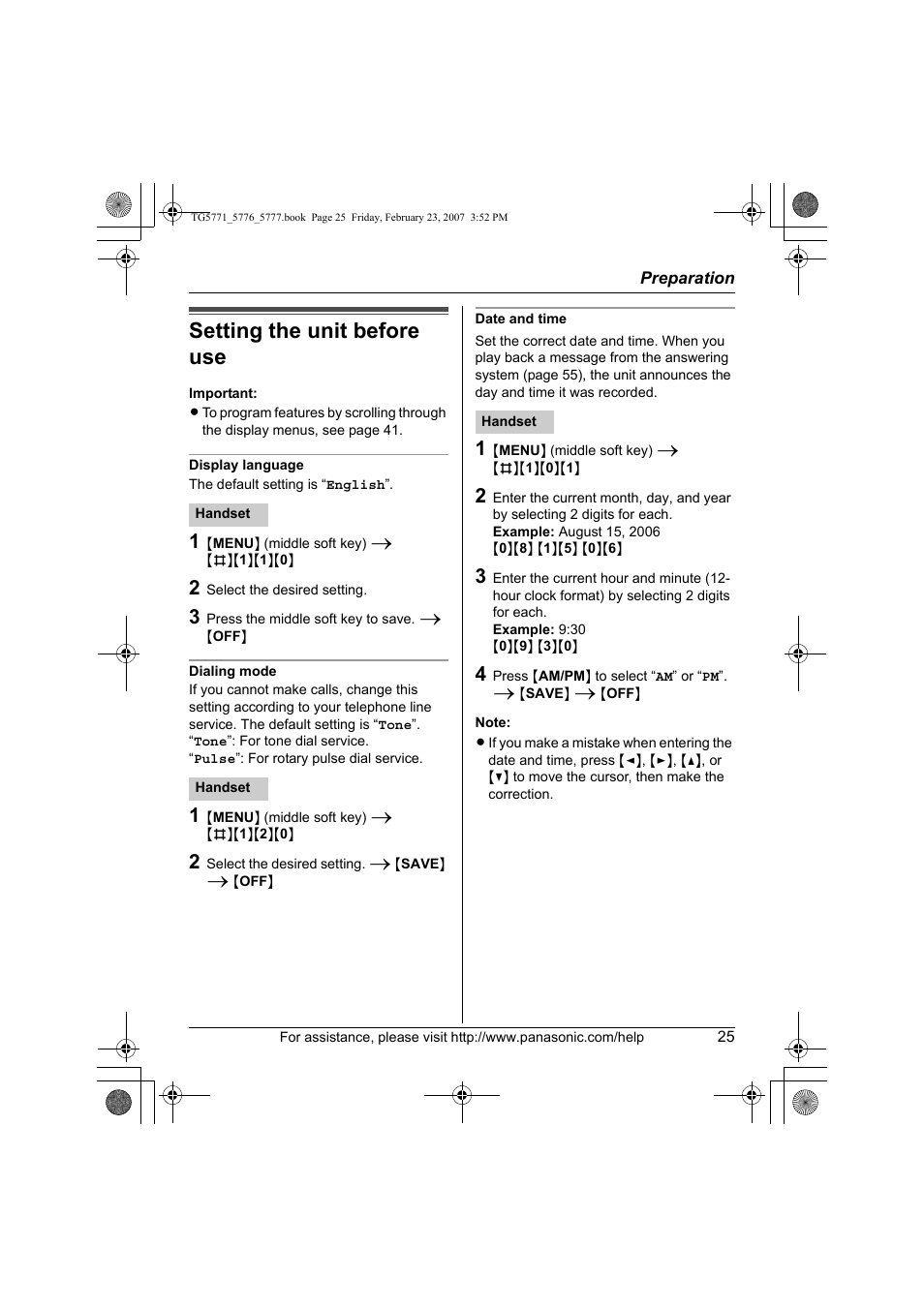 Setting the unit before use | Panasonic KX-TG5771 User Manual | Page 25 / 84