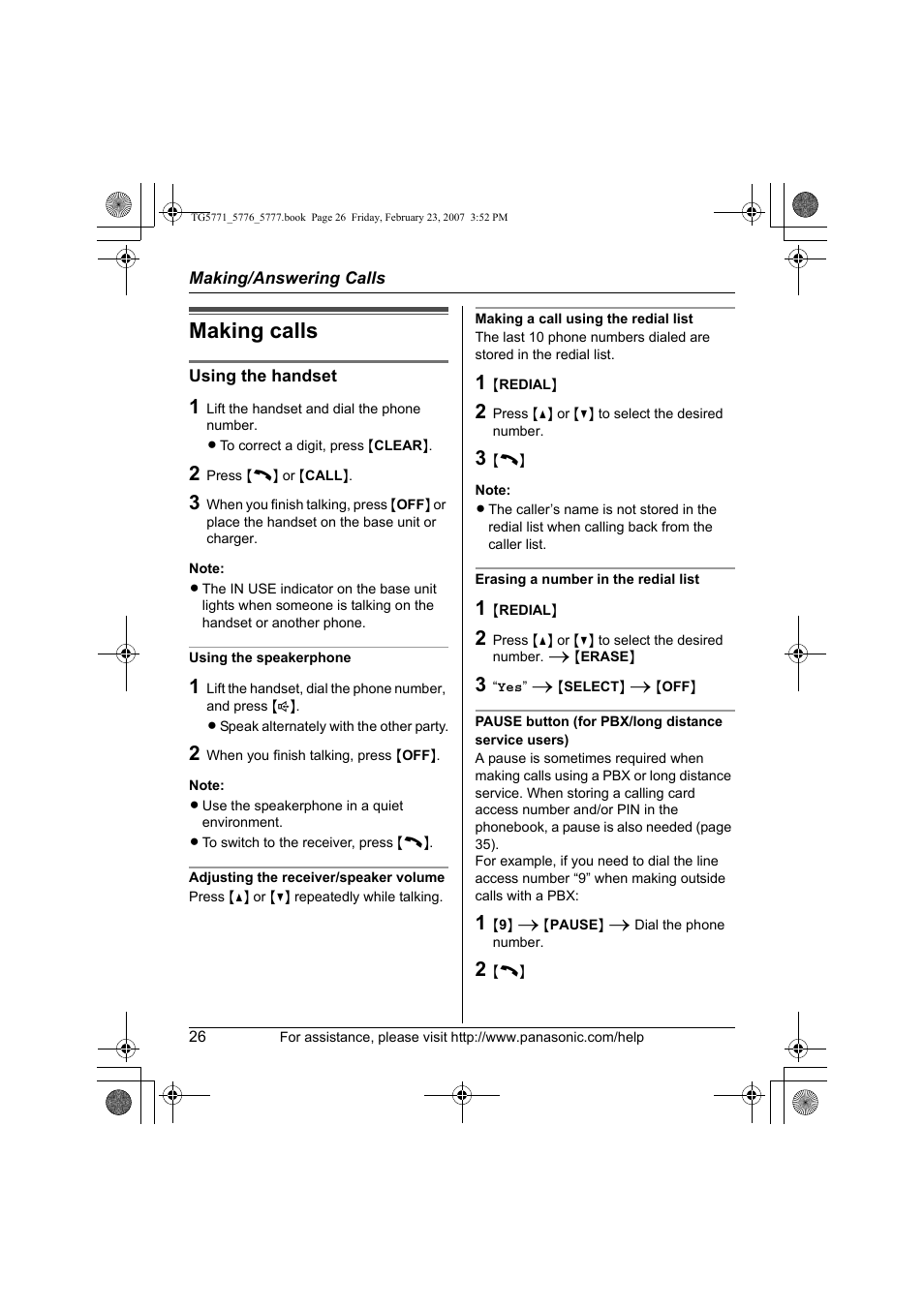 Making/answering calls, Making calls | Panasonic KX-TG5771 User Manual | Page 26 / 84